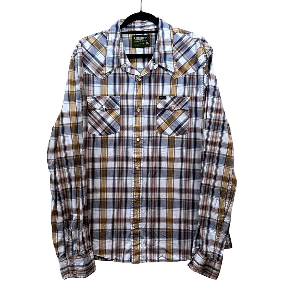 Hollister Guys Shop XXL Blue Yellow Plaid Pearl Snap Western Shirt Y2K‎ Retro